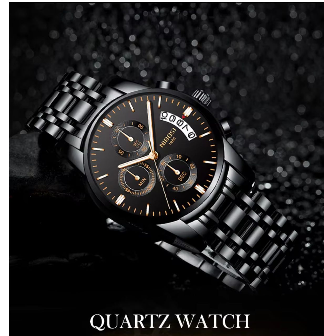 MONTRE DE LUXE QUARTZ NOIR POUR HOMME